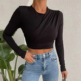 Solid Color Women Wrinkled Style Summer Crop Tops Female Long Sleeve T-shirt New Chic Club