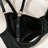 Velvet Hollow Out Halter Bra And Underwear Lingerie Set- Outfit
