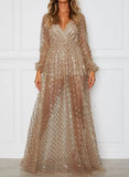 2022 Summer Women Long Party Dress Long Sleeve Sexy Mesh Tulle Gold Sequin Maxi