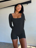 Casual Rib Knitted Playsuit Square Collar Full Sleeve Slim Fit Romper Bodycon Chic Women Sexy Low Cut Backless