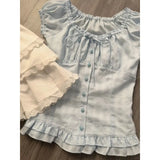Coquette Elastic Collar Bow Tie Short Sleeve TeeOutfit