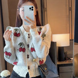 Zingj Version Of Autumn And Winter New Cherry Round Collar Single Breasted Fashion Temperament Versatile Knit Sweater Cardigan Coat Jacket