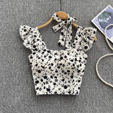 Zingj Summer Floral Strap Tops Women Square Neck Bow Ruffles Short Camisole Fashion Korean Flower Ladies Elastic Waist Top 211-0-Outfit