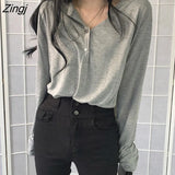 Sleeve T-shirts Women Solid Buttons Loose Spring Simple Tops Korean-style Chic Female Autumn Ulzzang All-match Outwear