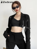 SUCHCUTE Women's Blazer Metal Chain Cropped Coat Blazer Jacket Vintage Aesthetics Bandage Black Ladies Office 90s Short