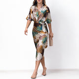 2025 Women's Dress New Temperament Fashion Print V Tie Tie To Straighten