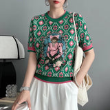 Summer Women Knitted Sweater European Style Cartoon Pattern Fashion Jacquard Round Neck Short Sleeve Casual Jumpers
