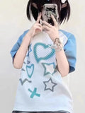 Japanese Y2k Aesthetic Heart Print T-shirt Preppy Loose Chic Sweet Tshirts Women Student Kawaii Fairy Harajuku Tee