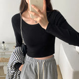 Solid Color Long-Sleeved T-Shirt Women's Early Autumn New Short Style Slim U-Tie Bottom Shirt With A Hundred Collarbone