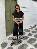 Contrast Color Printed Pant Sets Women Casual V-neck Short-sleeved Button Tops Wide Leg Pant Suit Chic Lady Street