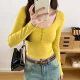 Style Slim Long-Sleeved T-Shirt For Thin Spice Girl A New Solid Color Bottomed Shirt With Low Collar Collarbone Blouse For Women In Early