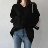 Zingj Early Spring V-Collar Pullover Loose White Bottomed Sweater Woman In Korean Lazy Wind Wearing Black