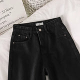 Women Black Straight Trousers Fur-lined Half Zippers Fly Denim Bottom Harajuku Pocket-shorts Streetwear Stretchy Mujer