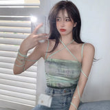 Tops Halter Bandage High Street Sexy Tank Camisole Sleeveless Harajuku Y2K Crop Tank Tie-Dye Print Slim Camis Femme