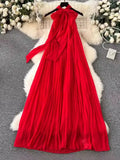 Dress Women's Spring / Summer 2024 New Heavy Industry Pleated Chiffon Neck Beach Skirt Medium Length
