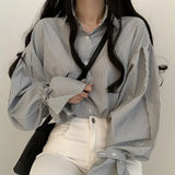 Women Striped Shirts Designer Lantern Sleeve Ulzzang Boyfriend Korean Style Fashionable Soft Tops Students All-match Casual