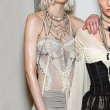 Zingj Mesh Perspective Design Slim Chest Condole Shirt 2023 New Pure Desire Gray Vest Without Bead