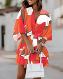 Zingj Wise Hot Style Autumn V-Collar Loose Bat Sleeve Print Dress Women's
