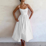 Women's New 2025 Spring Dress Solid Color Sexy U-Neck Waist Folding Sling