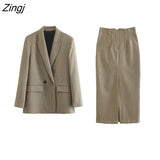 Women Vintage Plaid Print Double Breasted Suit Coat And High Waist Side Zipper Split Midi Skirt Two Piece Sets Mujer