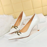 Zingj High-Heeled Women's Shoes Fine Heel Bright Face Lacquer Leather Shallow Mouth Tip OL High Heel Metal Belt Buckle Single