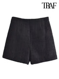 Women Fashion Front Metal Buttons Tweed Shorts Vintage High Waist Side Zipper Female Short Pants