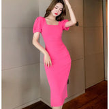 New Midi Dress For Women Elegant Bodycon Office Lady Solid Femme Fashion Clothing