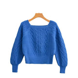 New Square Collar Long-Sleeved Twist Textured Short Sweater In