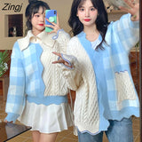 Japanese Soft Milk Sweet Blue Plaid Wind Color Contrast Sweater V-neck And Lapel Knitted Cardigan Pullover Girlfriends