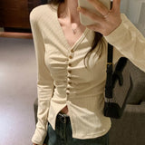V-Collar Pleated Shoulder Long-Sleeved T-Shirt A New Spring Style Slim Design With A Bottomed