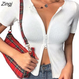 Women Front Zipper Ribbed Crop Top Autumn Solid Color Zip Long Sleeve V Neck Tight Knitwear T Shirts