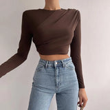 Solid Color Women Wrinkled Style Summer Crop Tops Female Long Sleeve T-shirt New Chic Club