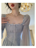 Elegant Square Neck Chiffon Dress for Women 2023 Summer Evening Party Long Sleeve Female Dress Casual Fashion Midi