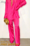 Solid Satin Two Piece Set Women Casual Loose Suit Single Breasted Turn Down Collar Long Sleeve Shirt Top Wide Leg