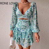 Women Chic Deep V Neck Lantern Sleeves Cascading Ruffles Disty Floral Print Sexy A-line Party Chiffon