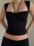 Black Square-neck Halter Tank Top Sexy Slim Pleated Backless Summer Crop Tops 2023 Women Sleeveless Bodycon