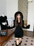 Hot Girl Black Knitted Hooded Fur Dress Women's Winter Slim Fit Pure Sexy Hip Wrap Short Dress Fashion Female