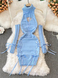 Women Sexy Sweater Dress Open Chest Backless Ribbon Strap Tops Turtleneck Long Sleeve Lacing Up Bodycon Knit Bandage