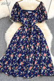 Women Sexy Floral Chiffon Dress Female Elegant V-Neck Short Sleeve High Waist A-Line Beach Vestido Casual Party Robe