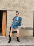2 Piece Sets Womens Outfits Summer Blazer Shorts Set Vintage Stringy Selvedge Blue Fashion Top And Short