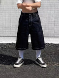 Pocket Embroidered Letter Print Jeans Men's Shorts Summer Vintage Super Wide-Legged