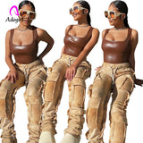 Stacked Pants Pockets High Waist Tie Dye Flare Trousers Streetwear Patchwork Joggers Women Winter Bell Bottom Cargo