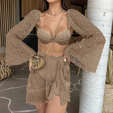 Tassel Skirt Women Long Sleeve Tassel Mini Skirt Suit 3 Piece Set Bathing Suit Beach Vacation Casual Female