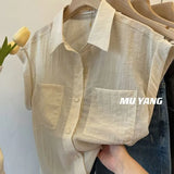 Chic Woman Blouse for Woman Korean Slightly Transparent Sleeveless Shirt Chiffon Orange Top Summer Women's Shirts