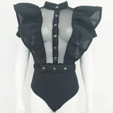Mesh Black Ruffles Bodysuit Women Summer Sexy Single-breasted Bodycon Overalls Female Short Sleeve Beach Party Bodys
