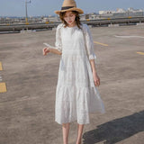 French Romantic White Dress Lace Hollow Gentle Loose Mid-Length Korean Dress All-match Women's cool