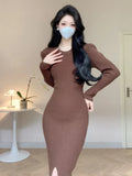 Zingj New Autumn And Winter Style High-Necked Bubble Sleeve Knitted Dress With Buttocks Temperament And A Medium-Length Dress With Forked