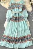 Bohemian Women Printed Pleated Long Dress Elegant Vacation Beach Maxi Vestidos Female Lantern Sleeve Draped Robe