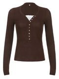 Crop Top Women Lace Button T Shirt Female Long Sleeve Top Knitted Sweater Ladies Solid Basic Slim Tee Spring