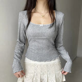 Zingj Girl Split Dense Edge Base Long Sleeve T Shirt Square Collar Wood Ear Bow Slim All-Match